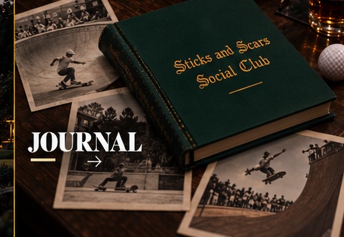 Journal — dark green Sticks and Scars Social Club book with vintage skate photos