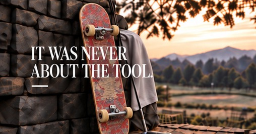 Vintage skateboard and golf putter by a stone wall