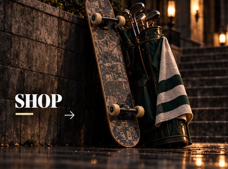 Shop — vintage skateboard and golf bag on stone steps