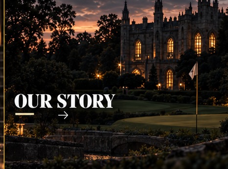 Our Story — gothic manor overlooking a golf course at dusk